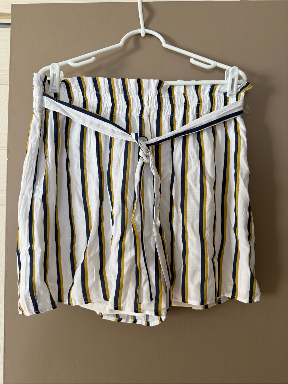 High-Rise Striped Tie-Belt Women’s Shorts in White, Navy & Mustard
